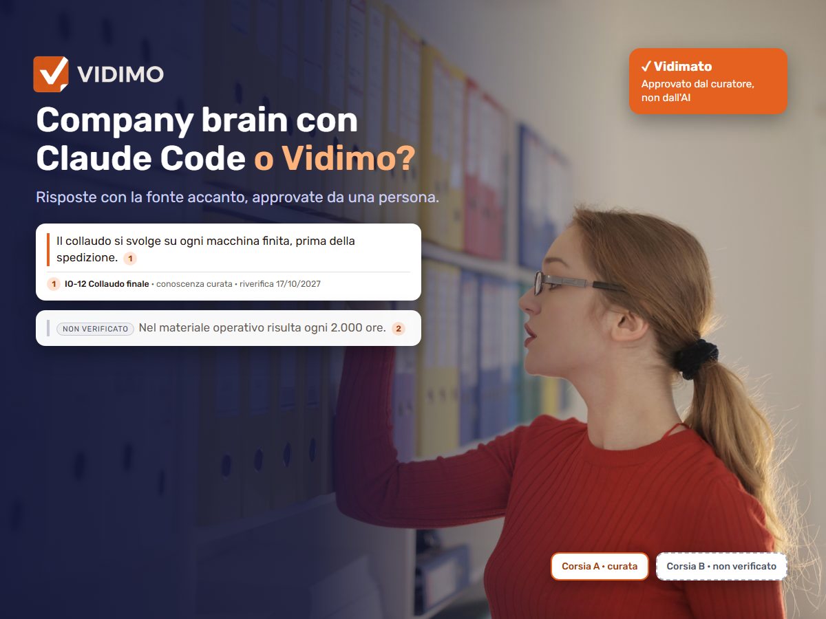 Company brain con Claude Code o Vidimo: risposta con fonte approvata e risposta non verificata sopra una foto di archivio