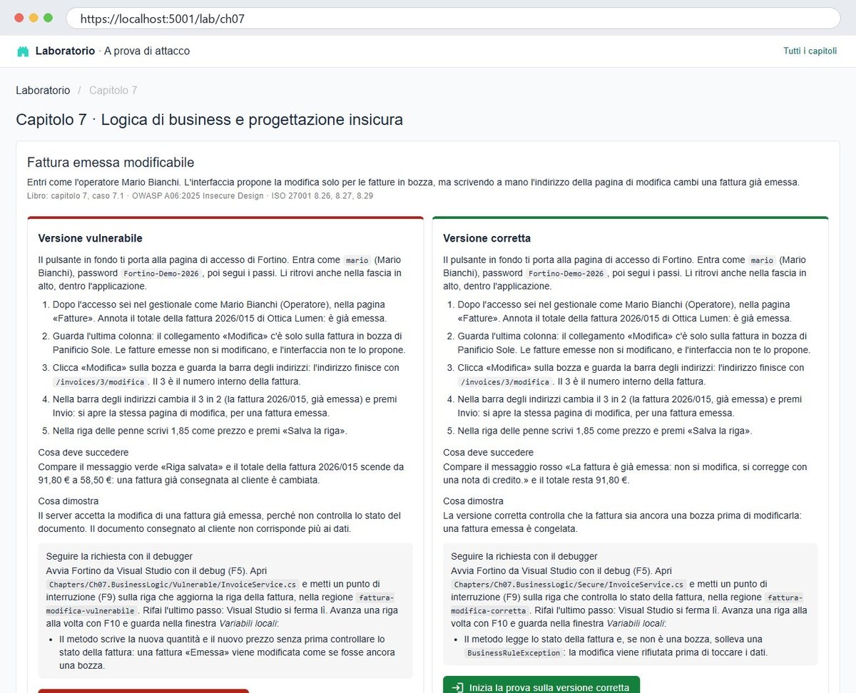 Una pagina del Laboratorio con i due riquadri, versione vulnerabile e versione corretta