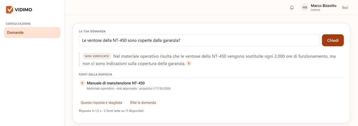 Risposta di Vidimo marcata non verificato perché appoggiata a materiale operativo